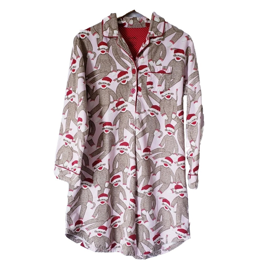Nick & Nora Sock Monkeys Pink Nightgown Sleep Shirt Medium Santa Hat Flannel